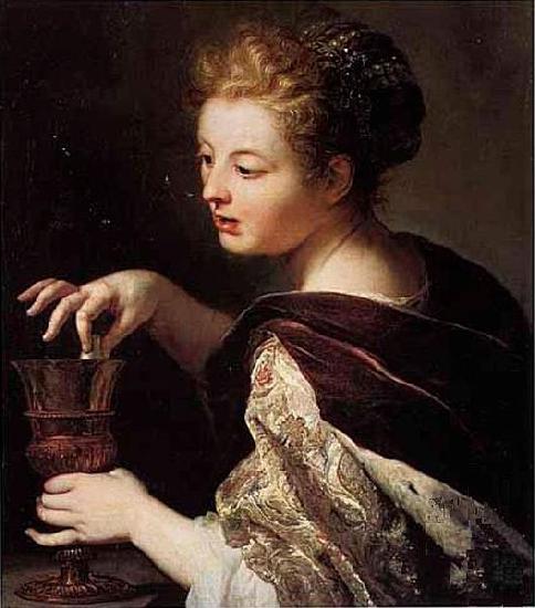 Anthoni Schoonjans Cleopatra puts a pearl in the wine oil painting picture